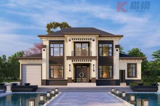 38#新中式两层独栋别墅建筑SU模型加CAD图纸-1