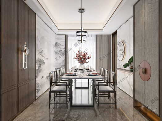 新中式sketchup餐厅模型下载-1