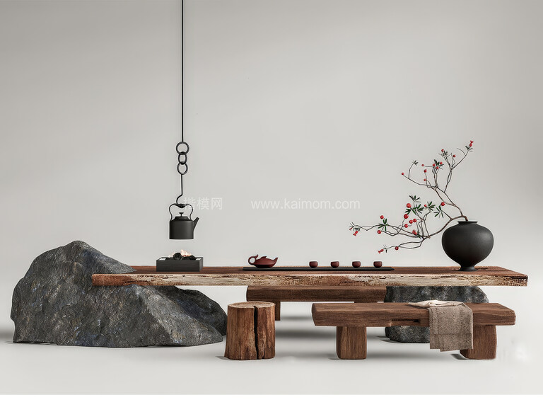 禅意茶桌椅SU模型下载-1