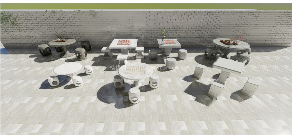 石凳石桌SU模型下载-1