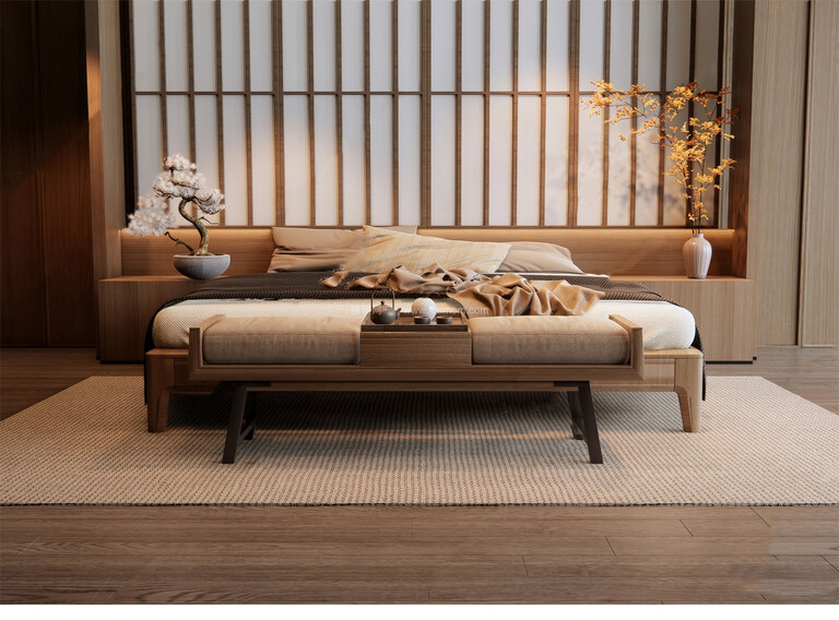 新中式双人床SU模型下载-1