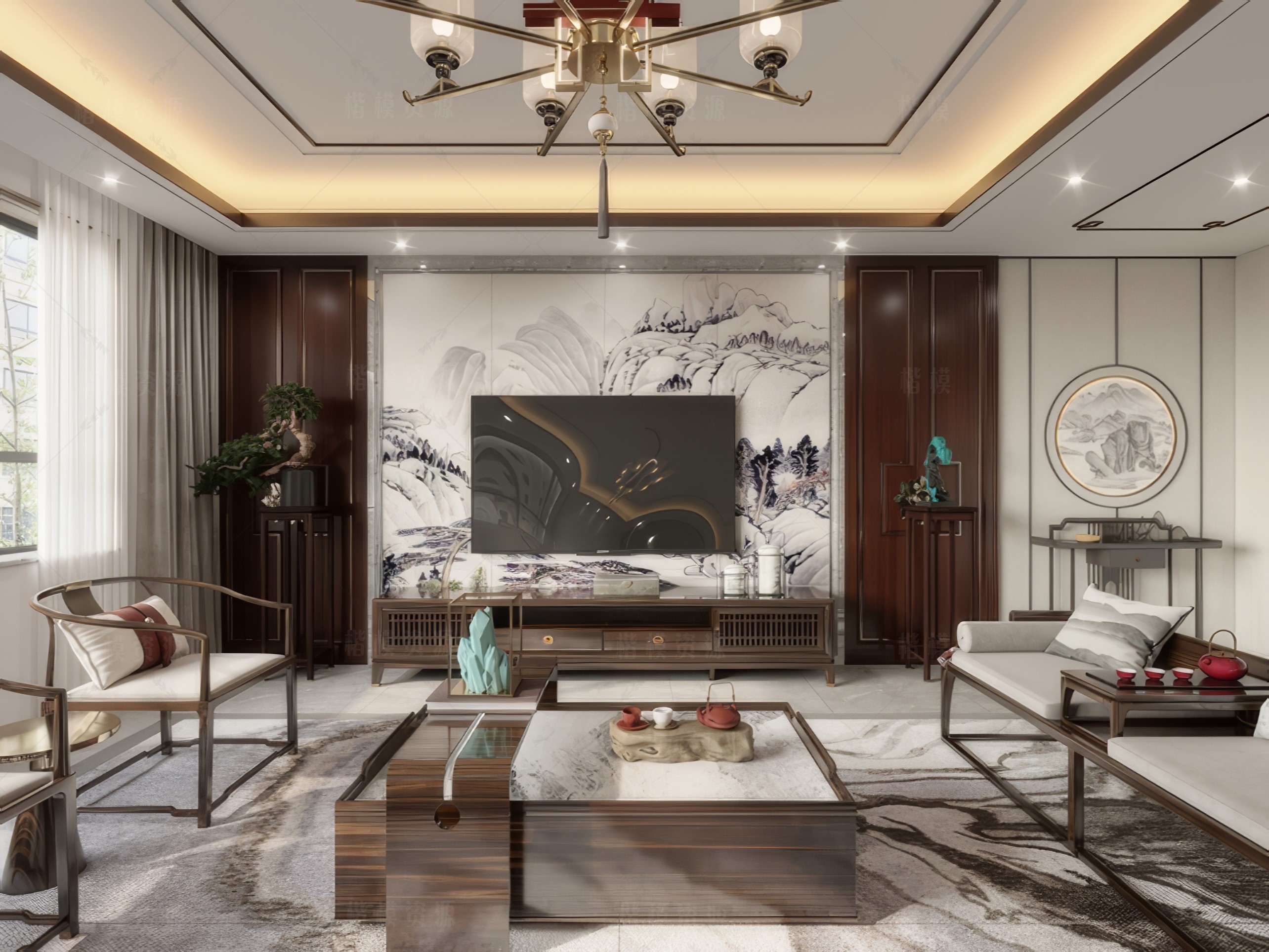 新中式客厅SU模型下载-1