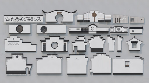 中式围墙景墙马头墙su模型-1
